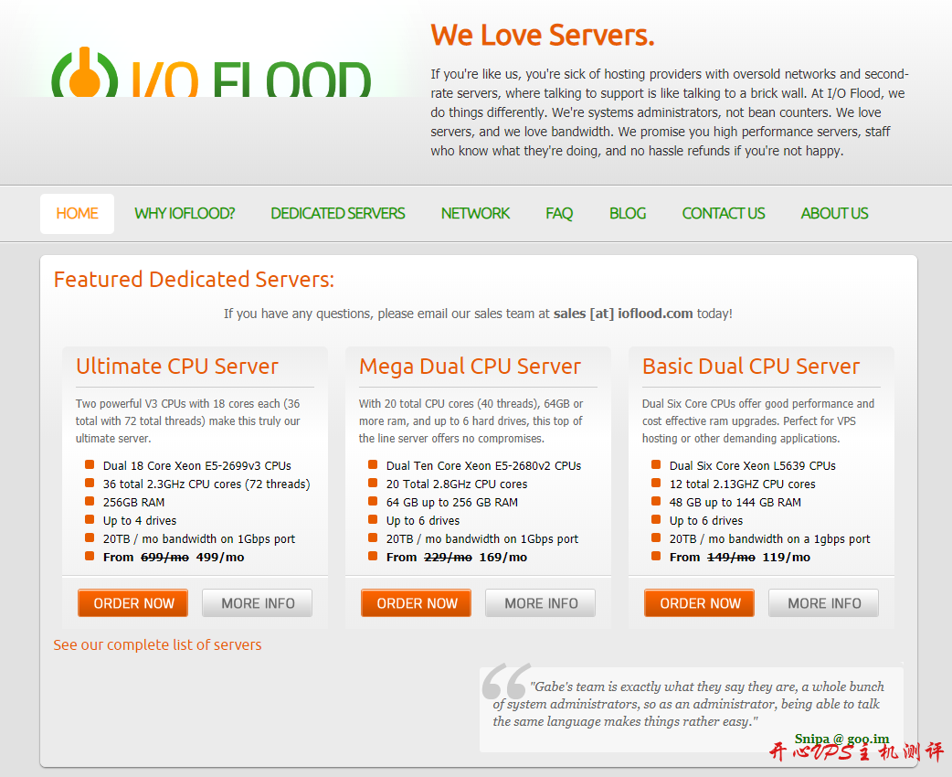 IOFLOOD：凤凰城独服，1Gbps-10Gbps 带宽、不限流量，2*E5-2680v2，64GB 内存、SSD 或 NVMe 硬盘，最低月付 199 美金