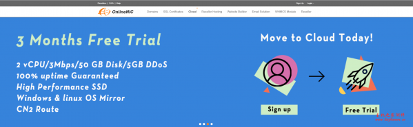 OnlineNIC：免费 3 个月/2 核/2GB 内存/50GB SSD 空间/不限流量/3Mbps 端口/DDOS/KVM/香港 CN2