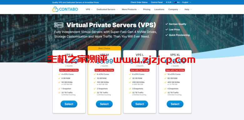 Contabo：购买 VPS 赠送最低 200G，最高 400G 硬盘容量，赠送容量永久免费，4 核 8G 高性价比 VPS，200M-1Gbps 不限流量，月付 6.99 美元起