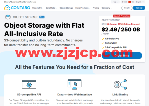Contabo：美国对象存储( Object Storage)上线，不限流量，限时 8 折终身优惠，$2.49(250G/月)，可选德国/美国/新加坡