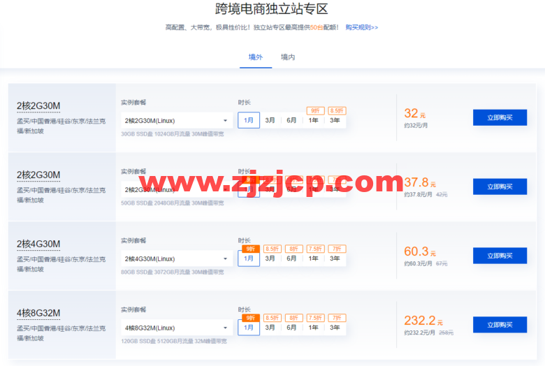 腾讯云：跨境电商云服务器促销，最低 2H2G10M 云服务器 36 元/月，可选孟买/中国香港/硅谷/东京/法兰克福/新加坡多个境外机房