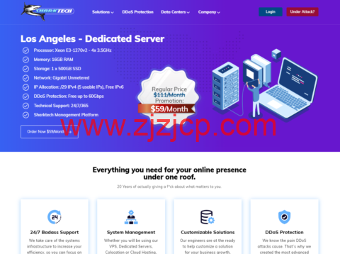Sharktech：美国高洛杉矶高防 1Gbps 不限流量服务器$59/月，E5 高防 1Gbps 不限流量服务器$99/月