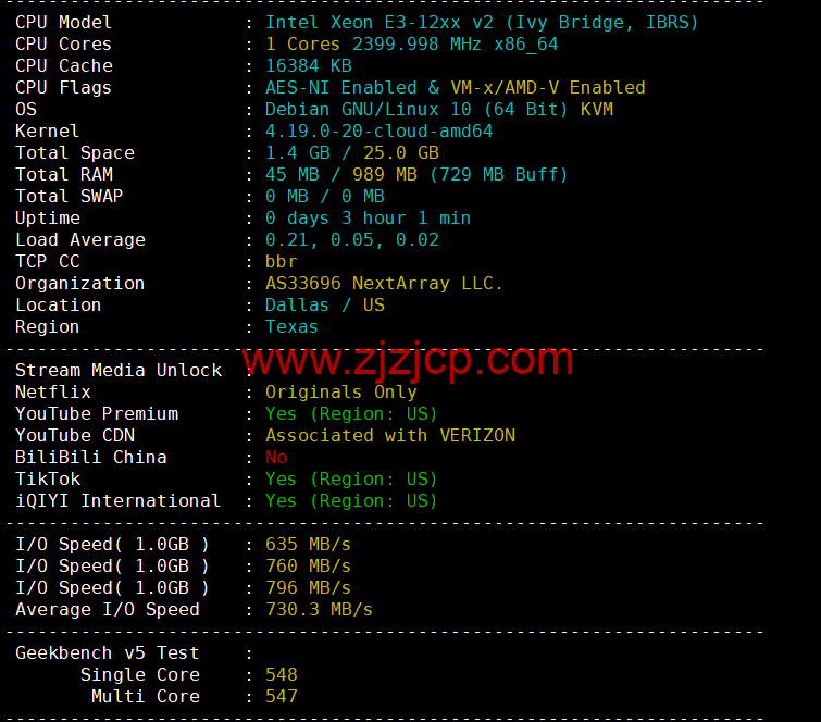 NextArray：1 核/1G 内存/10G SSD 硬盘/1TB 流量/1Gbps 带宽，.99/年，美国原生 IP，解锁美区 tiktok，附简单测评
