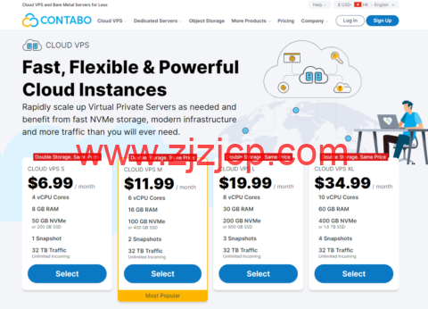 Contabo：美/德/英/新加坡高配置存储 VPS，2 核/4GB 内存/400GB SSD/32TB 流量/200Mbps-1Gbps 带宽，€8.49/月起