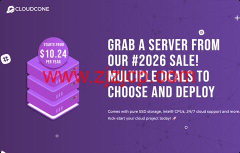 #Hashtag 2026 Sale#CloudCone：洛杉矶 vps，2 核/1GB/50GB/3TB 流量/1Gbps 带宽，$10.24/年