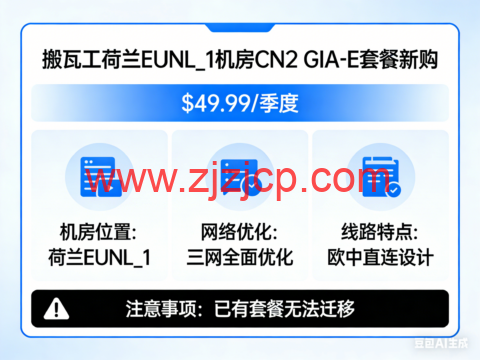搬瓦工：荷兰 EUNL_1 机房开放 CN2 GIA-E 套餐新购，$49.99/季度，已有套餐无法迁移，更全面的三网优化/专为欧中直连设计