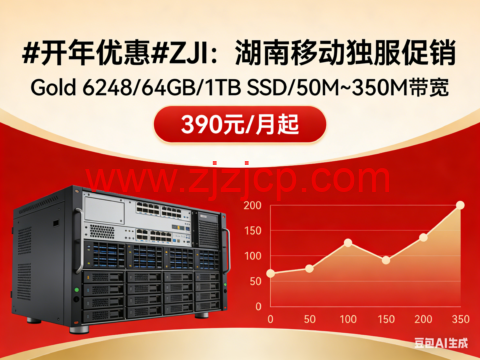 #开年优惠#ZJI：湖南移动独服促销，Gold 6248/64GB/1TB SSD/50M~350M 带宽，390 元/月起