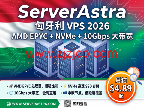 ServerAstra： 匈牙利 VPS 2026 AMD EPYC+NVMe+10Gbps 大带宽，中欧节点月付 .89 起