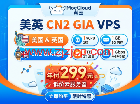MoeCloud:美英 CN2 GIA VPS 年付 299 元 1 核 1G 千兆 1T 流量低价云服务器 1 20260521 6a0e577ba4c1d