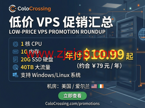 ColoCrossing：低价 VPS 促销汇总 1 核 1G+20G SSD 40TB 大流量 美 / 爱机房年付 $10.99 起 支持 Windows