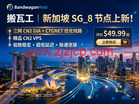 搬瓦工：新加坡 SG_8 上新，三网 CN2 GIA+CTGNET 优化线路，精品 CN2 VPS 月付 49.99 美元起