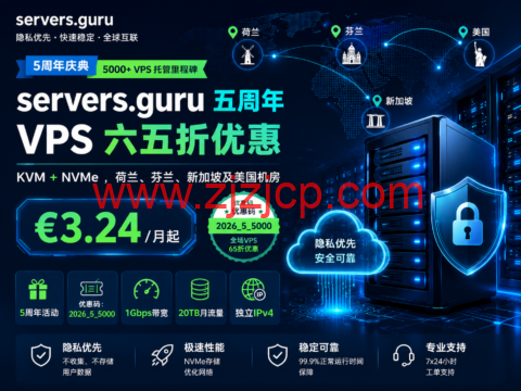 servers.guru 五周年 VPS 六五折优惠：KVM+NVMe，荷兰、芬兰、新加坡及美国机房 €3.24/月起