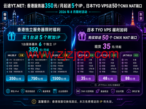 云途 YT.NET：香港服务器 350 元/月起送 5 个 IP，日本 TYO VPS 送 50 个 CNIX NAT 端口