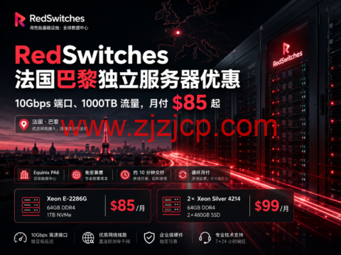 RedSwitches 法国巴黎独立服务器优惠：10Gbps 端口、1000TB 流量，月付 $85 起