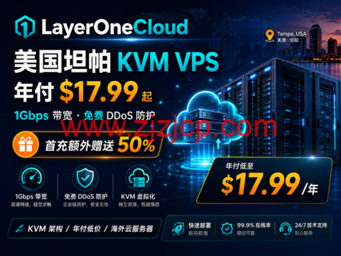 LayerOneCloud:美国坦帕 KVM VPS 年付 $17.99 起,1Gbps 带宽、免费 DDoS,首充额外赠送 50%-主机之家测评