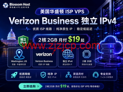 Blossom Host 美国 ISP VPS:Verizon 独立 IPv4 月付 $19 起,纽约 VPS $8/月起-主机之家测评