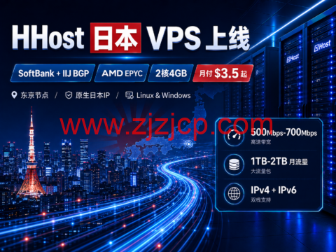 HHost 日本 VPS 上线：SoftBank + IIJ BGP、AMD EPYC，2核4GB 月付 $3.5 起-主机之家测评
