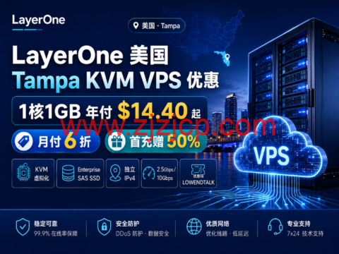 LayerOne 美国 Tampa KVM VPS 优惠:1核1GB 年付 $14.40 起,月付 6 折、首充赠 50%-主机之家测评