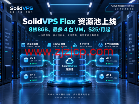 SolidVPS Flex 资源池上线：8核8GB、最多 4 台 VM，$25/月起-主机之家测评