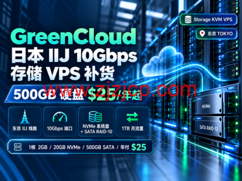 GreenCloud 日本 IIJ 10Gbps 存储 VPS 补货：500GB 硬盘 $25/年起-主机之家测评