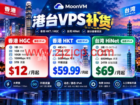 MoonVM 港台 VPS 补货:香港 HGC $12/月起,HKT 500Mbps $59.99/月,台湾 HiNet 现货-主机之家测评