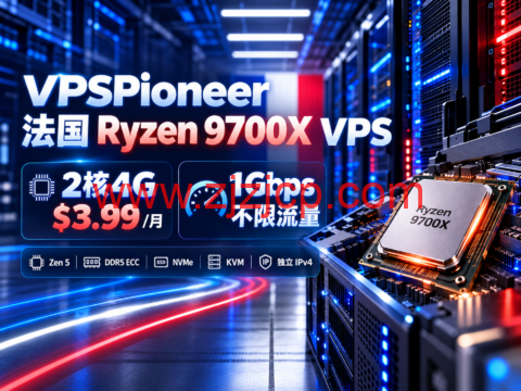 VPSPioneer 法国 Ryzen 9700X VPS:2核4G $3.99/月,1Gbps不限流量-主机之家测评