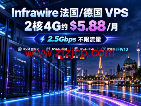 Infrawire 法国/德国 VPS:2核4G约 $5.88/月,2.5Gbps不限流量-主机之家测评