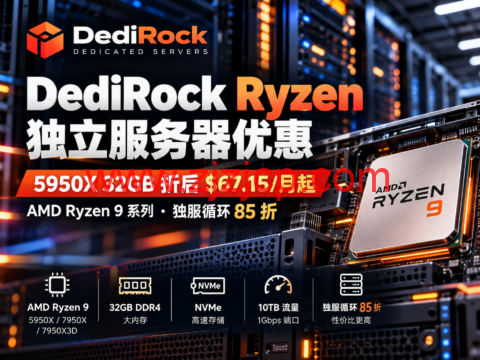 DediRock Ryzen 独立服务器优惠:5950X 32GB 折后 $67.15/月起,独服循环85折-主机之家测评