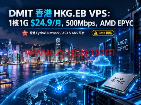 DMIT 香港 HKG.EB VPS:1核1G $24.9/月,500Mbps,AMD EPYC-主机之家测评